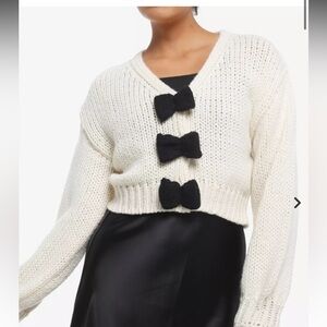 Cream & Black Bow Girls Crop Cardigan